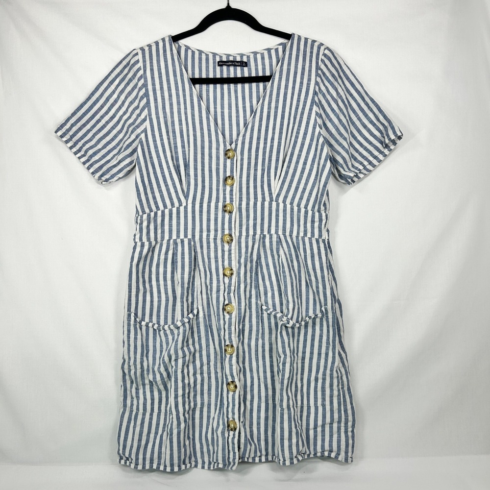 Abercrombie & Fitch Blue White Striped Linen Blend Button Front Dress Large (L)